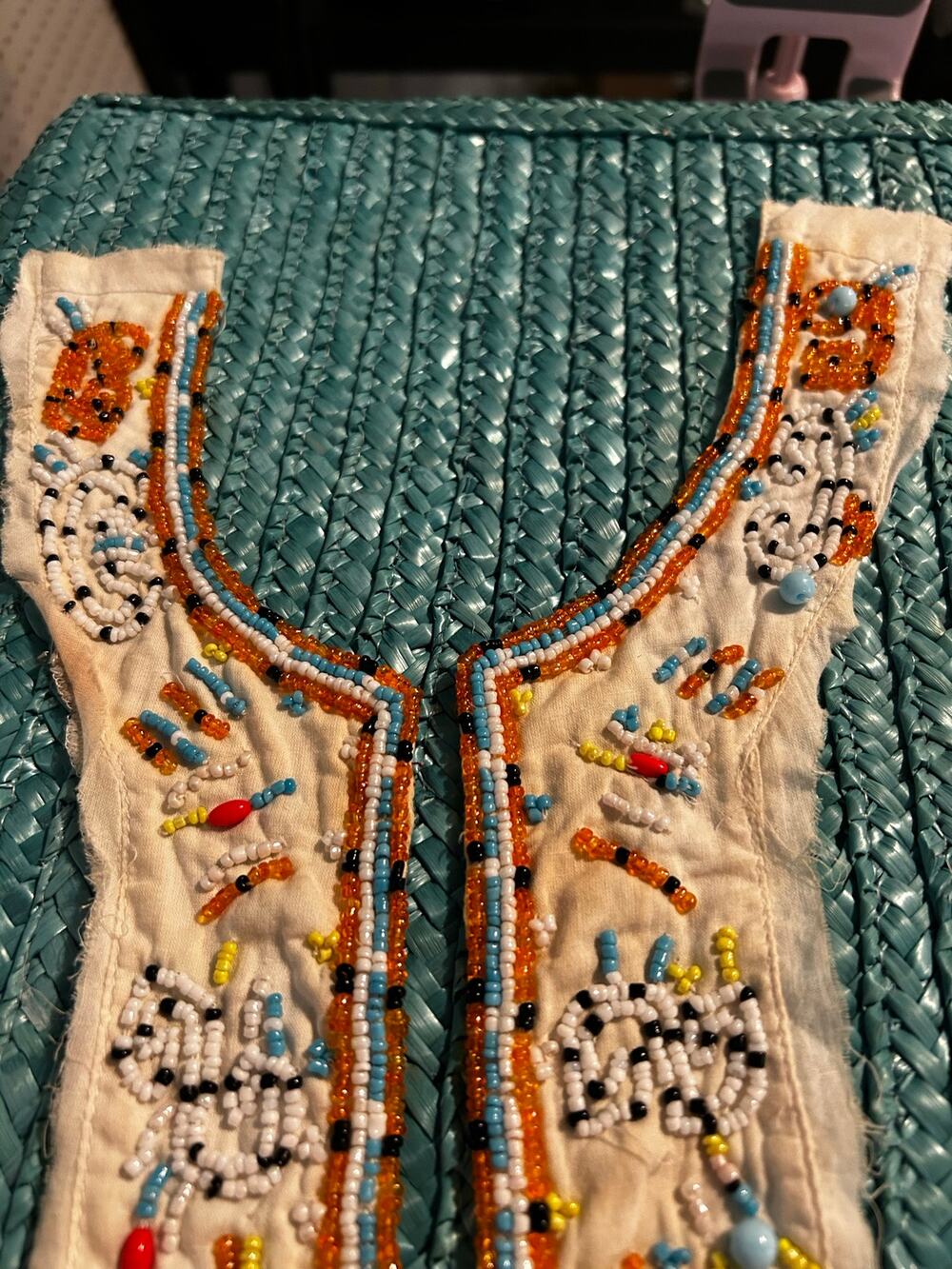 Vintage Handmade Beaded Collar Cotton Folk Motif Neckline Panel 1950s 1960s
